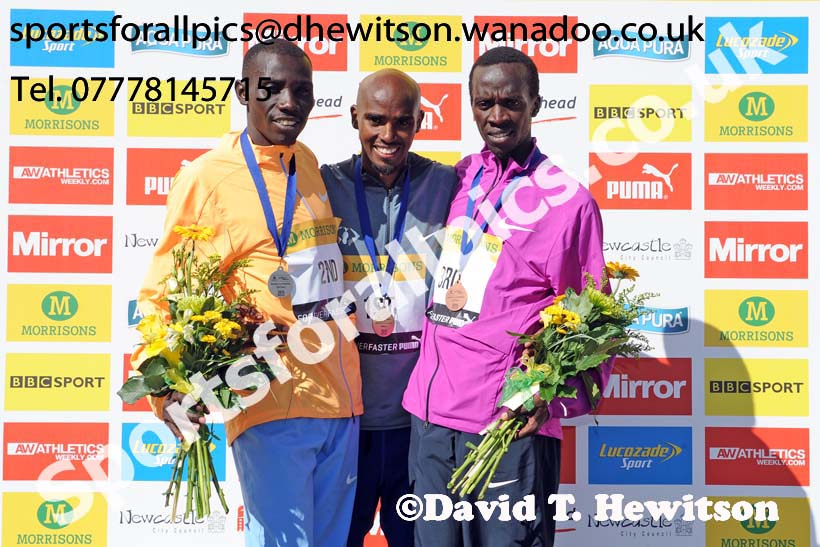 From left to right:Stanley Biwott 2nd, Mo Farah winner and Mike Kigen 3rd in the mens Morrisons Great North Run. Photo: David T. Hewitson/Sports for All Pics